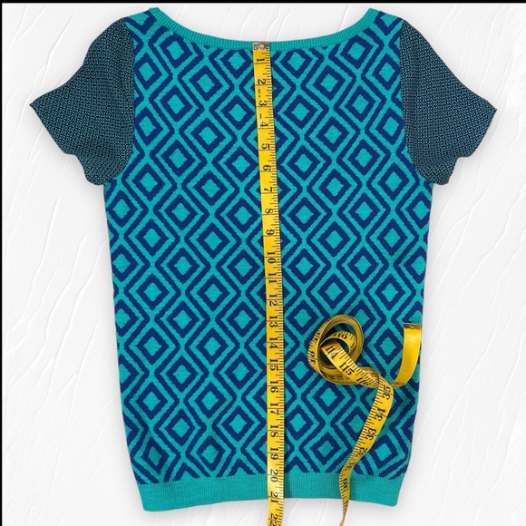 Ann Taylor Loft  Short Sleeve Sweater Geometric Diamond Print Aqua Blue Size XS - Picture 8 of 14